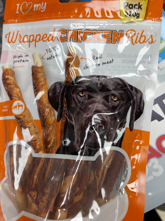 I love my dog wrapped chicken ribs