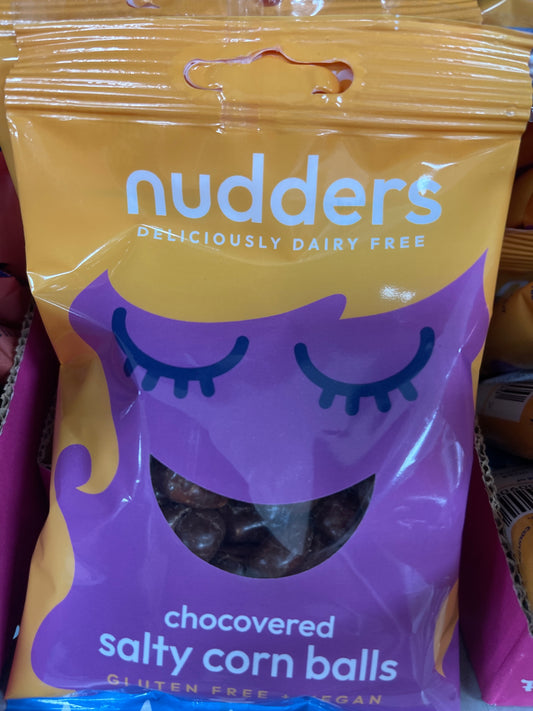 Nudders dairy free chocolate covered salty corn balls gluten free vegan