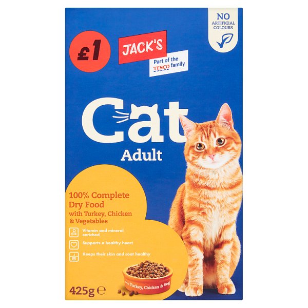 Jacks cat adult 100% complete dry food with turkey , chicken and vegetables 425g